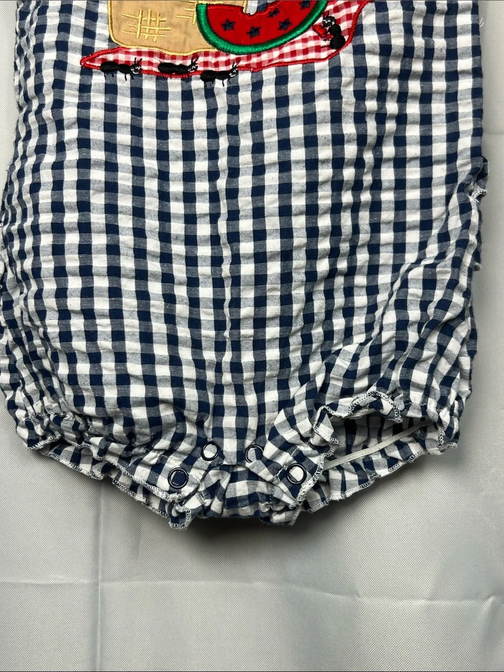Kid Crew navy gingham Searsucker bubble romper with picnic appliqué 12 months
